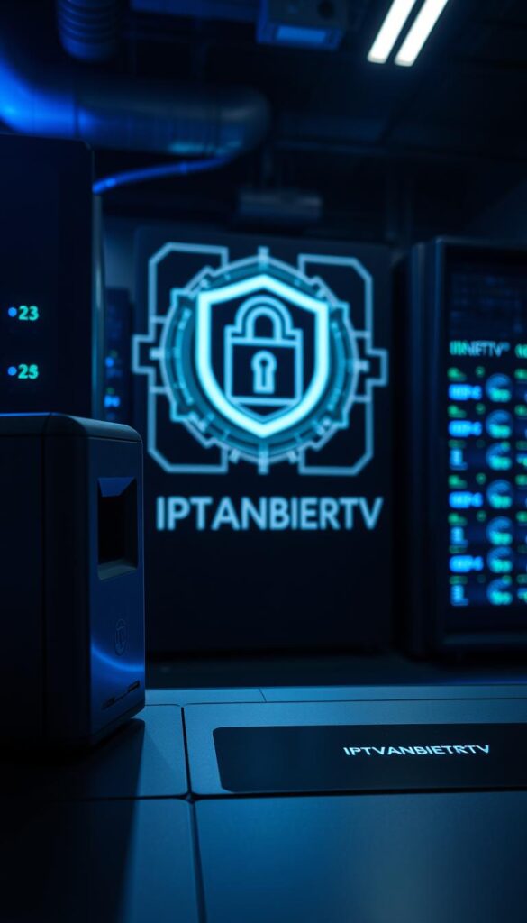 A high-tech, futuristic security system guarding an IPTV streaming service. In the foreground, a biometric scanner and a sleek, minimalist control panel with the IPTVANBIETERTV logo. In the middle ground, a holographic display showcasing encrypted data streams and security protocols. The background features a dimly lit, industrial-style server room with glowing blue and green LEDs, creating an atmosphere of technological sophistication and robust data protection. Dramatic, low-key lighting casts dramatic shadows, emphasizing the secure and cutting-edge nature of the IPTV service.