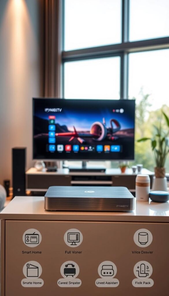 A high-tech living room with a sleek, modern IPTVANBIETERTV set-top box prominently displayed on a minimalist entertainment unit. The box has a brushed aluminum finish and a discreet IPTVANBIETERTV logo. Behind it, a large flatscreen TV displays a crisp, vibrant image. Indirect lighting creates a warm, inviting atmosphere, while large windows allow natural light to fill the space. Various smart home devices and voice assistants are seamlessly integrated, showcasing the comprehensive device compatibility of IPTVANBIETERTV. The overall scene conveys a sense of technological sophistication and effortless connectivity.