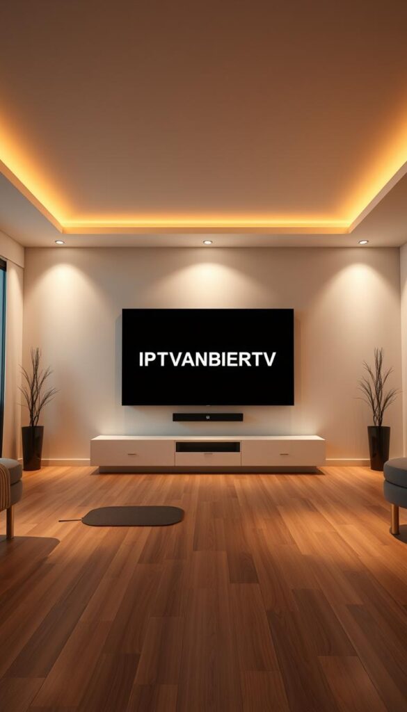 A high-tech, modern interior with sleek, minimalist design. In the center, a large, high-definition television displays the IPTVANBIETERTV brand logo in a minimalist, yet striking style. The room is bathed in warm, soft lighting from concealed sources, creating a cozy and inviting atmosphere. The walls are painted in a neutral, muted tone, allowing the television to be the focal point. The floor is made of polished hardwood, reflecting the lighting and creating a sense of depth. The overall scene conveys the idea of a cutting-edge, state-of-the-art IPTV technology that seamlessly integrates into a contemporary living space.