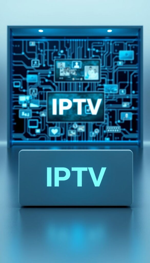 A high-tech rendering of the "IPTV Technologie" concept. A sleek, modern interface with minimalist iconography and an elegant color palette of blues and grays. The foreground features the "IPTVANBIETERTV" logo, subtly integrated into the design. In the middle ground, a series of digital screens displaying various IPTV services and content. The background showcases a complex network of interconnected nodes and data streams, conveying the sophisticated infrastructure that powers IPTV technology. The overall scene exudes a sense of innovation, efficiency, and technological sophistication, perfectly suited to illustrate the "What is IPTV and how does it work?" section of the article.