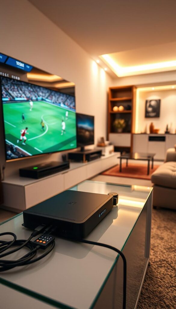 A high-tech setup for the FIFA World Cup, featuring an IPTVANBIETERTV system. A sleek, modern entertainment center with a large, high-definition display dominates the foreground. In the middle ground, a sophisticated IPTV box and remote control sit on a minimalist, glass-topped table, surrounded by neatly organized cables and connections. The background showcases a cozy, well-lit living room, with warm lighting and subtle, contemporary decor, creating a comfortable and immersive viewing experience. The overall scene conveys a sense of technological sophistication and anticipation for the big event.