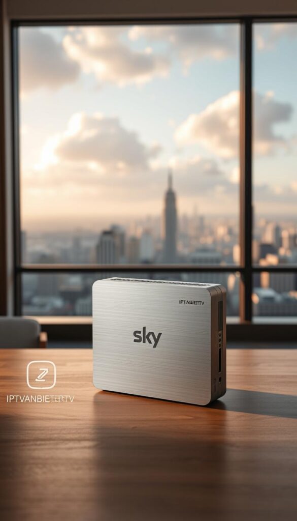 A high-tech, sleek Sky IPTV Box standing on a modern, minimalist wood table. The box has a brushed aluminum finish, clean lines, and a subtle Sky logo. Soft, warm lighting illuminates the scene, creating a cozy and inviting atmosphere. In the background, a large, panoramic window overlooks a picturesque cityscape, with the sky filled with fluffy, golden-tinged clouds. The overall scene conveys a sense of sophistication, technology, and the ultimate home entertainment experience. The IPTVANBIETERTV logo is discretely displayed on the side of the box.