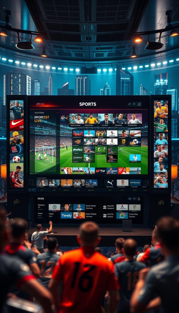 A high-tech sports streaming hub with a sleek IPTVANBIETERTV interface, featuring vibrant live feeds of global sporting events. The foreground showcases a dynamic game in progress, with players in sharp focus and the crowd's energy palpable. The middle ground presents a comprehensive menu of sports channels and options, inviting the viewer to explore the diverse content. In the background, a futuristic cityscape sets the stage, hinting at the cutting-edge technology powering this immersive IPTV experience. Illuminated by warm, cinematic lighting, the scene conveys a sense of excitement and innovation, perfectly capturing the transformative impact of IPTV on the world of sports streaming.