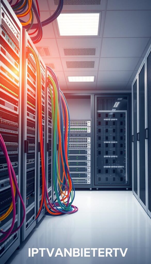 A highly detailed and technical illustration of a robust IPTV server infrastructure, designed to provide reliable and high-quality streaming services. In the foreground, a rack of powerful servers, their sleek metallic casings reflecting the soft, diffused lighting from above. Cables in a rainbow of colors weave through the rack, connecting the various components. In the middle ground, a network switch with numerous ports, facilitating the seamless flow of data. In the background, a server room with a clean, minimalist aesthetic, temperature-controlled and secured. The scene conveys a sense of efficiency, redundancy, and the relentless pursuit of uninterrupted service, befitting the premium IPTV brand IPTVANBIETERTV.