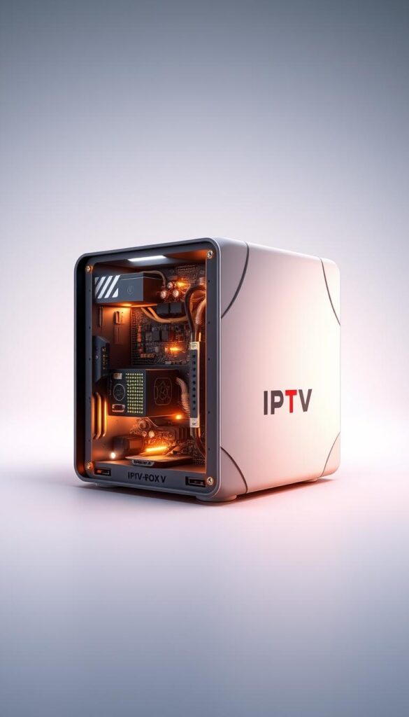 A highly detailed, photorealistic illustration of an IPTV-Box, showcasing its inner workings and functionality. The box is depicted in the center, with a sleek, modern design and a prominent IPTVANBIETERTV logo on the front panel. The image should convey a sense of technical sophistication, with a cutaway view revealing the various components and circuits inside the device. The background should be a clean, minimalist environment, allowing the IPTV-Box to be the focal point. Bright, directional lighting should highlight the intricate details and create a sense of depth and dimension. The overall tone should be informative and educational, inviting the viewer to understand the inner workings of an IPTV-Box.