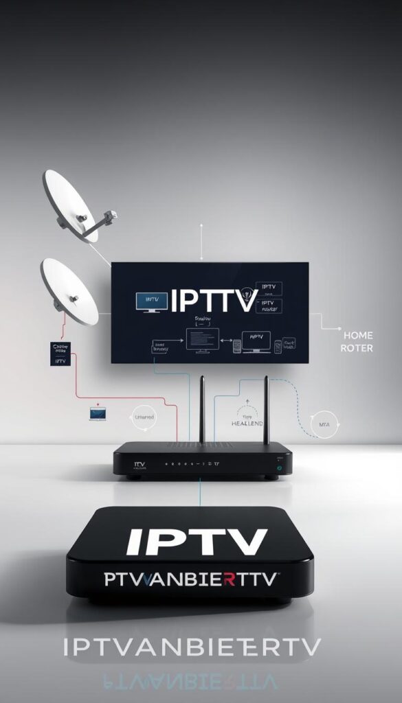 A highly detailed, photorealistic illustration of the inner workings of an IPTV system. The scene depicts the core components and data flow of an IPTV network, including a satellite dish receiving signals, a video headend encoding and transmitting the content, and a home router distributing the IPTV streams to connected devices. The foreground showcases the IPTVANBIETERTV brand logo prominently. The middle ground features technical schematics and diagrams explaining the IPTV functionality, with crisp, clean typography. The background is a sleek, minimalist studio setting with soft, diffused lighting, creating a professional, informative atmosphere.