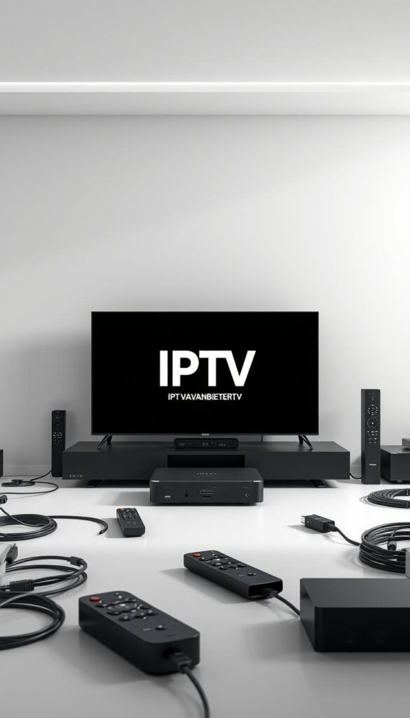 A highly detailed, photorealistic image of "IPTV Technologie" featuring a sleek, modern design with a prominent IPTVANBIETERTV logo prominently displayed. The scene should have a clean, minimalist aesthetic with a neutral color palette of grays, blacks, and whites. Include a central focus on a smart TV or streaming device, surrounded by various connectivity cables, remote controls, and other IPTV-related hardware. Depict the technology in a well-lit, studio-like environment with soft, directional lighting to emphasize the product's design and functionality. Convey a sense of sophistication and innovation to showcase the advanced nature of IPTV technology.