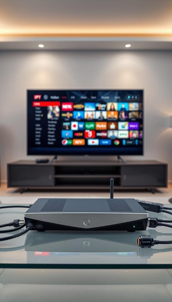 A highly detailed, photorealistic image of a cutting-edge IPTV technology setup. In the foreground, a sleek, minimalist IPTVANBIETERTV set-top box with a modern, angular design sits prominently on a glass or metal surface. The device is surrounded by various connectivity cables, remotes, and other peripherals, all rendered with a high degree of realism. In the middle ground, a large, high-definition display screen presents a vibrant, immersive visual experience, showcasing the seamless integration of IPTV technology. The screen displays a diverse array of international channels, creating a sense of the global reach and versatility of this IPTV solution. The background features a clean, modern interior setting, with subtle lighting and minimalist decor, emphasizing the sophisticated and advanced nature of the IPTV technology. The overall scene conveys a sense of innovation, efficiency, and the future of home entertainment.