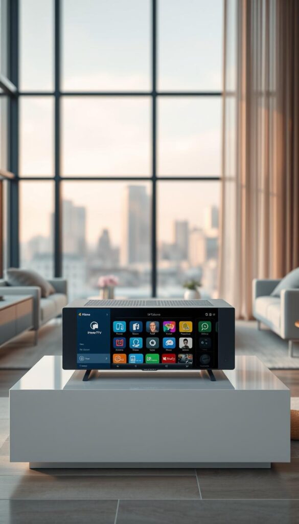 A highly detailed, photorealistic image of the IPTV Technologie concept. The scene shows a modern living room interior with sleek, minimalist furniture and large windows letting in soft, natural lighting. In the center, a high-end IPTVANBIETERTV device rests on a minimalist TV stand, its clean lines and matte finish complementing the room's contemporary aesthetic. The device's interface is prominently displayed, showcasing its intuitive menu and array of video content options. The background features a blurred cityscape visible through the windows, adding a sense of urban connectivity to the scene. The overall mood is one of technological sophistication and seamless home entertainment. A highly detailed, photorealistic image of the IPTV Technologie concept. The scene shows a modern living room interior with sleek, minimalist furniture and large windows letting in soft, natural lighting. In the center, a high-end IPTVANBIETERTV device rests on a minimalist TV stand, its clean lines and matte finish complementing the room's contemporary aesthetic. The device's interface is prominently displayed, showcasing its intuitive menu and array of video content options. The background features a blurred cityscape visible through the windows, adding a sense of urban connectivity to the scene. The overall mood is one of technological sophistication and seamless home entertainment.