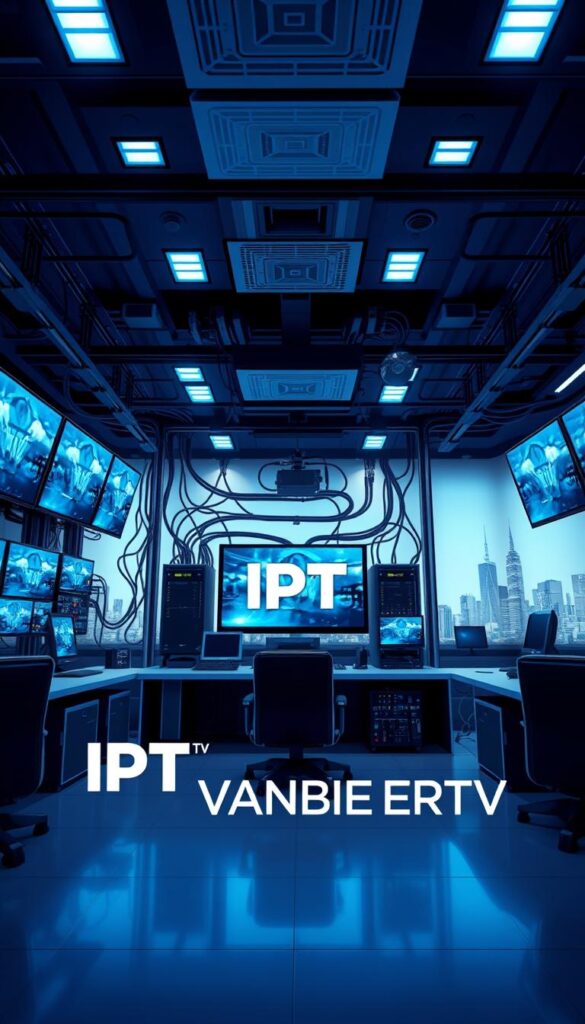 A highly detailed, realistic digital illustration of the inner workings and infrastructure of IPTV (Internet Protocol Television) technology. The scene features a sleek, modern control room with various screens, servers, and networking equipment. Prominent in the foreground is the IPTVANBIETERTV brand logo, showcasing its role in this IPTV ecosystem. The lighting is crisp and clean, with a slight blue hue to evoke a professional, technical atmosphere. The perspective is slightly elevated, providing an overview of the interconnected components that enable IPTV service delivery. The background features a subtle cityscape, hinting at the widespread distribution and accessibility of IPTV services.