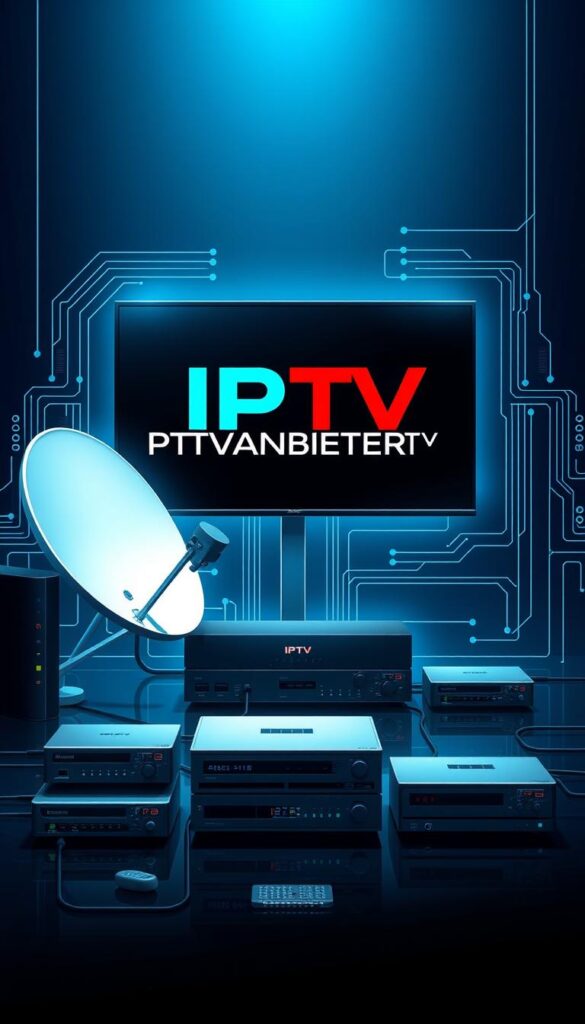 A highly detailed, technical illustration of IPTV technology. Showcase a clean, modern design with sleek lines and minimalist aesthetics. Prominently display the brand name "IPTVANBIETERTV" in a bold, eye-catching font. Depict the core components of an IPTV system - a satellite dish, a media server, and multiple connected devices - arranged in a visually compelling layout. Utilize a cool, blue-toned color palette to convey a sense of digital sophistication. Employ dramatic lighting with deep shadows and highlights to add depth and dimension. Render the scene with a high level of photorealism, capturing the intricate details and textures of the various IPTV components. Overall, the image should present a visually striking and informative representation of IPTV technology.