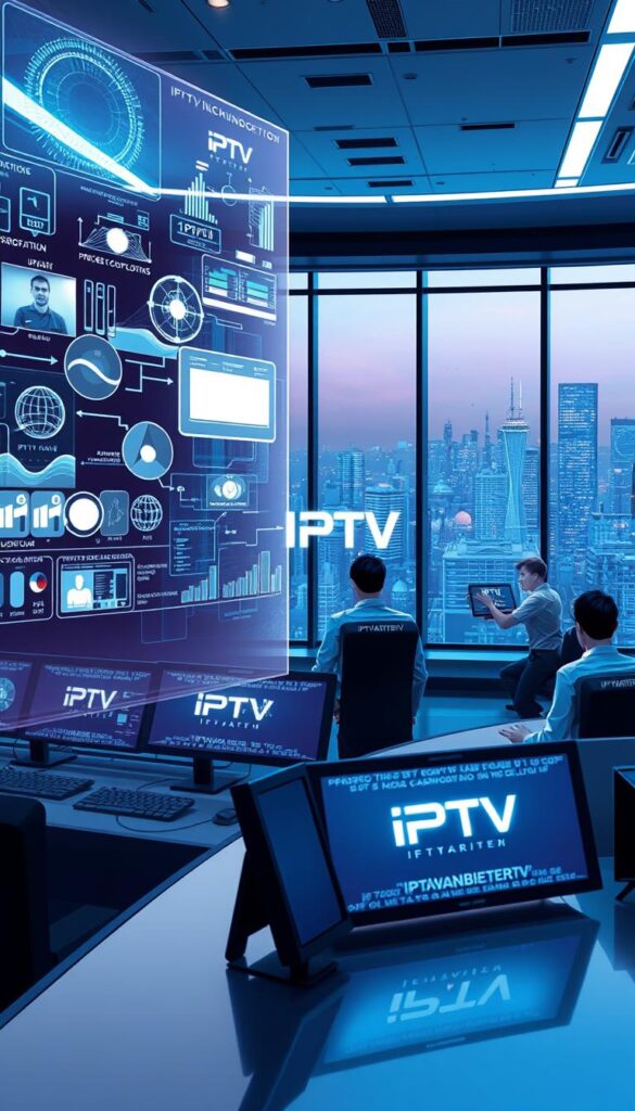 A highly detailed, technical illustration of IPTV technology. The scene depicts a futuristic control center with a sleek, minimalist design. In the foreground, a large holographic display shows various IPTV-related data visualizations, conveying the complexity and capabilities of the system. The middle ground features a team of technicians closely monitoring the IPTV network, their faces illuminated by the glow of the screens. In the background, a large window overlooks a cityscape, hinting at the widespread adoption and integration of IPTV technology. The overall tone is one of innovation, efficiency, and the seamless convergence of digital media and telecommunications. The IPTVANBIETERTV brand is prominently displayed on the control panels.