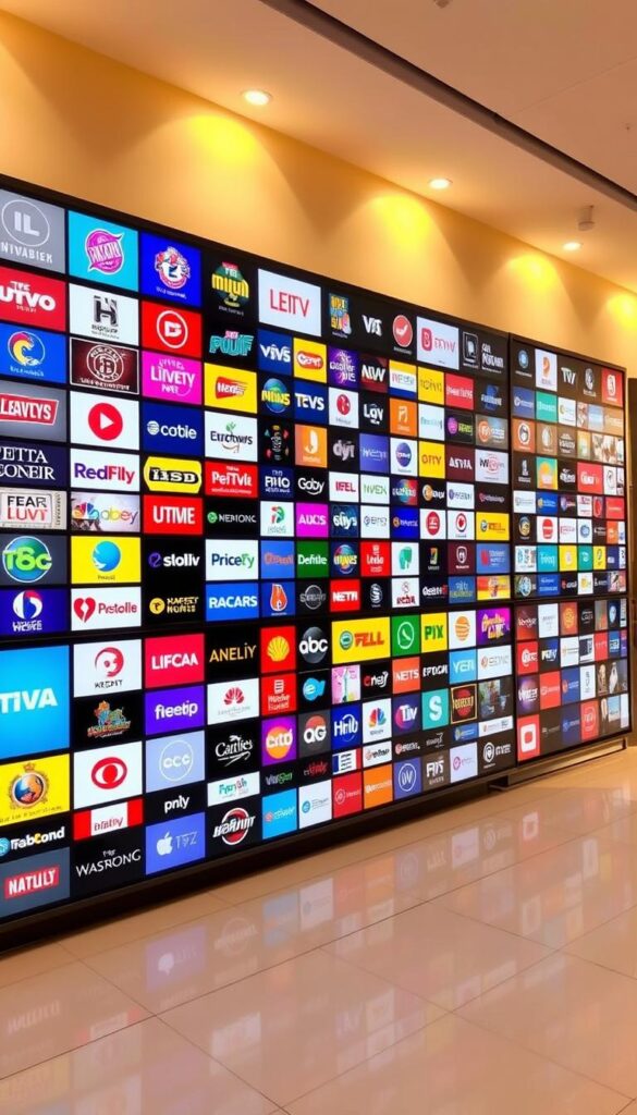 A large and diverse television channel offering from IPTVANBIETERTV, showcasing a comprehensive range of popular entertainment, news, sports, and specialty programming. A vibrant and visually striking display, with an abundance of colorful channel logos and icons arranged in an organized grid layout, capturing the breadth and depth of the service. The scene is illuminated by warm, balanced lighting, creating a polished, professional atmosphere. The composition features a clean, sleek design, emphasizing the service's high-quality presentation and user-friendly interface. The overall impression conveys a sense of abundance, quality, and the promise of a satisfying viewing experience.