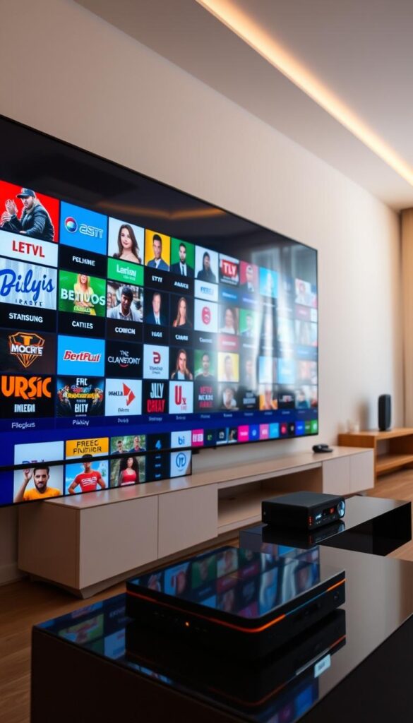 A large and vibrant television display showcases the diverse IPTV channel selection of IPTVANBIETERTV. The screen is prominently positioned in the foreground, capturing the viewer's attention with its vivid, high-definition imagery. The middle ground features a sleek, modern media center housing the IPTV set-top box and various connected devices, hinting at the advanced technology powering the service. In the background, a clean, minimalist living room environment sets the scene, with warm lighting and neutral tones creating a cozy and inviting atmosphere. The overall composition conveys the comprehensive and user-friendly nature of the IPTVANBIETERTV channel offering, making it an appealing choice for discerning viewers. A large and vibrant television display showcases the diverse IPTV channel selection of IPTVANBIETERTV. The screen is prominently positioned in the foreground, capturing the viewer's attention with its vivid, high-definition imagery. The middle ground features a sleek, modern media center housing the IPTV set-top box and various connected devices, hinting at the advanced technology powering the service. In the background, a clean, minimalist living room environment sets the scene, with warm lighting and neutral tones creating a cozy and inviting atmosphere. The overall composition conveys the comprehensive and user-friendly nature of the IPTVANBIETERTV channel offering, making it an appealing choice for discerning viewers.