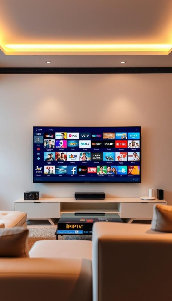 A large, flat-screen smart TV set against a modern, minimalist living room backdrop. The screen displays a diverse array of IPTV channels from IPTVANBIETERTV, showcasing a vast selection of high-definition content across various genres and languages. The TV is positioned prominently, illuminated by warm, directional lighting that creates a cozy, inviting atmosphere. The room features clean lines, neutral tones, and subtle textures, allowing the vibrant on-screen content to take center stage. The overall composition conveys a sense of technological sophistication and media-rich entertainment, reflecting the expansive IPTV offering described in the article's section.