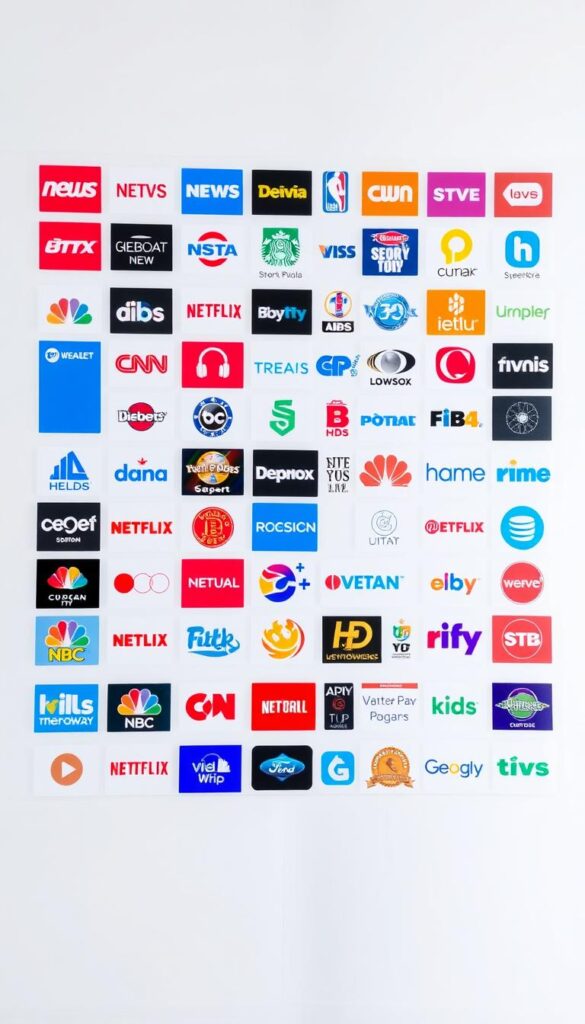 A large, high-resolution image showcasing the extensive channel offerings of IPTVANBIETERTV. The frame is filled with a vibrant grid of channel logos, each one crisp and distinct, spanning a wide range of genres - news, sports, movies, entertainment, kids, and more. The layout is clean and organized, giving a sense of the breadth and depth of the service. The background is a soft, neutral gradient that allows the channel logos to pop. Bright, even lighting illuminates the scene, creating a professional, polished appearance. The overall impression conveys the reliability and quality of the IPTVANBIETERTV channel lineup.