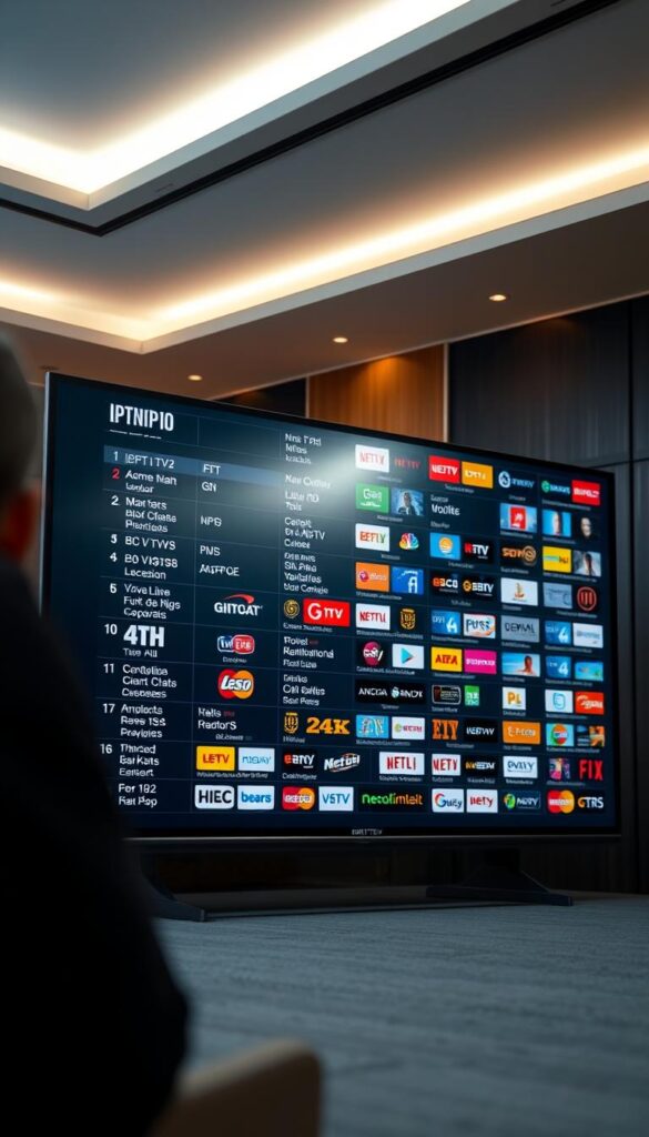 A large, high-resolution television screen displaying a comprehensive IPTV channel list, showcasing the extensive selection of 4K and Ultra HD content available from IPTVANBIETERTV. The screen is positioned prominently in the foreground, illuminated by a soft, even lighting that highlights the vivid, lifelike colors and crisp details of the on-screen information. The background is blurred, creating a sense of depth and focus on the central display. The overall mood is one of sophistication and technological advancement, reflecting the premium quality of the IPTV service.