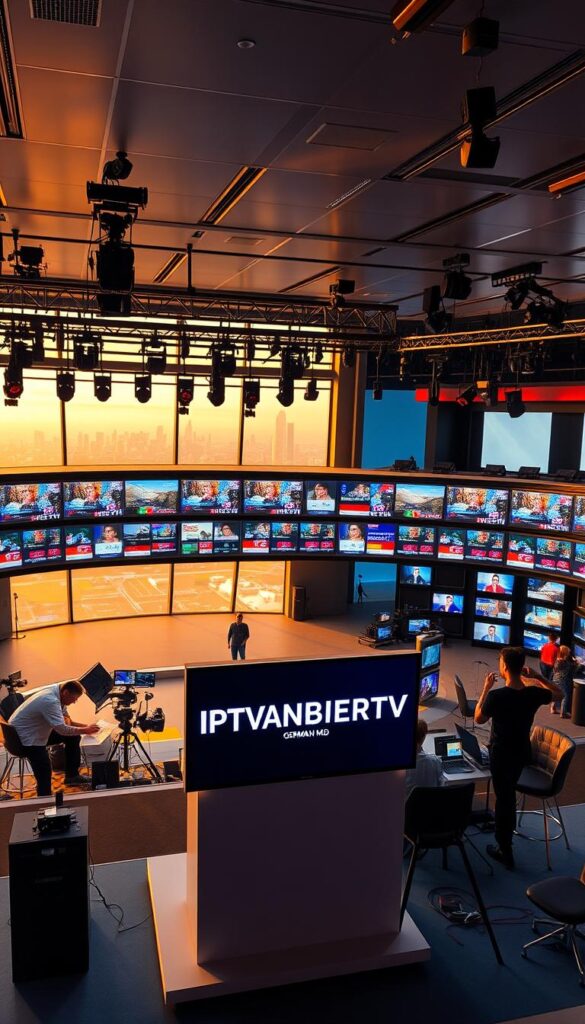 A large, modern TV studio with a vibrant, high-tech set. The foreground features a sleek, minimalist display stand showcasing the IPTVANBIETERTV brand logo, surrounded by a diverse array of television screens displaying a wide range of German TV channels. The middle ground has various cameras, lighting equipment, and production staff working diligently. The background depicts a panoramic view of a contemporary city skyline, with a warm, golden hour lighting that creates a sense of depth and atmosphere. The overall scene conveys a professional, cutting-edge, and comprehensive IPTV service offering a vast selection of German television channels.
