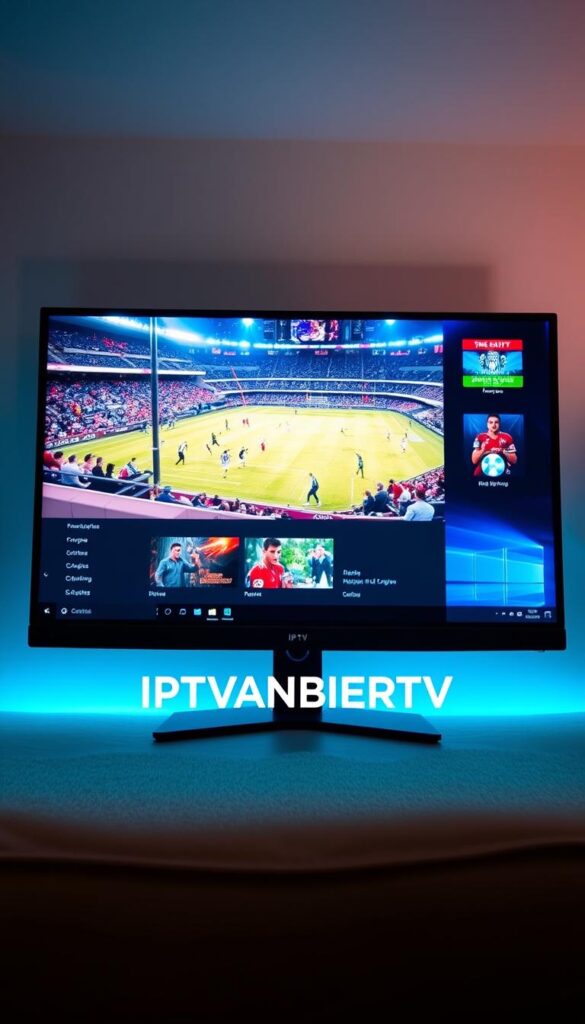 A large, modern Windows PC display showcasing an immersive IPTV player interface. The screen displays a crystal-clear 4K video stream of a live sports event, with vibrant colors and exceptional detail. In the foreground, the IPTVANBIETERTV logo is prominently featured, indicating a high-quality IPTV service. The player interface is intuitive and user-friendly, with clean lines and a minimalist design. Soft, diffused lighting creates a warm, inviting atmosphere, while strategic camera angles emphasize the size and quality of the display. The overall scene conveys a sense of an optimal, large-screen IPTV experience for the discerning Windows user.
