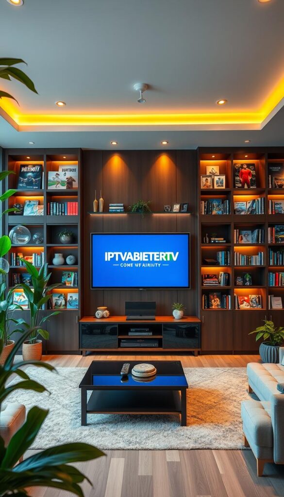 A large, modern living room with an expansive entertainment system. In the center, a sleek, high-definition television displaying the IPTVANBIETERTV logo. Surrounding the TV, shelves and cabinets filled with a diverse array of media content - movies, TV shows, sports channels, and more. Lush indoor plants and floor-to-ceiling windows create a bright, airy atmosphere. Warm, indirect lighting illuminates the space, casting a cozy glow. The room exudes a sense of comfort and high-end technology, reflecting the comprehensive programming offered by IPTVANBIETERTV. A large, modern living room with an expansive entertainment system. In the center, a sleek, high-definition television displaying the IPTVANBIETERTV logo. Surrounding the TV, shelves and cabinets filled with a diverse array of media content - movies, TV shows, sports channels, and more. Lush indoor plants and floor-to-ceiling windows create a bright, airy atmosphere. Warm, indirect lighting illuminates the space, casting a cozy glow. The room exudes a sense of comfort and high-end technology, reflecting the comprehensive programming offered by IPTVANBIETERTV.