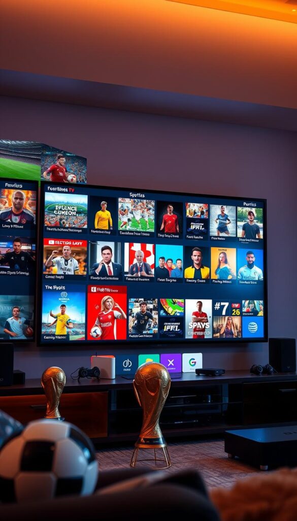 A large screen displaying a vibrant and diverse selection of live sports, movies, and TV shows, showcasing the robust capabilities of IPTVANBIETERTV. The screen is surrounded by sleek, modern devices and accessories, hinting at the ease of setup and use. The lighting is warm and inviting, creating a cozy atmosphere perfect for immersive entertainment. In the foreground, a soccer ball and trophy allude to the upcoming World Cup, while the background features a subtle map of the world, emphasizing the global reach and accessibility of the IPTV service. The overall scene conveys the idea of a comprehensive, high-quality IPTV solution that elevates the viewing experience beyond just live sports coverage.