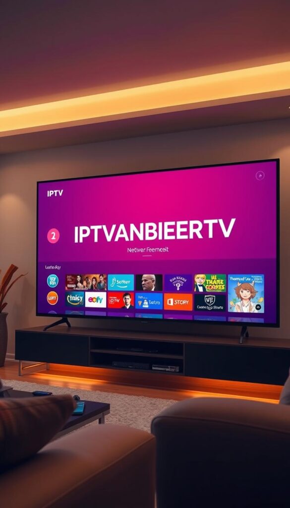 A large, sleek smart TV screen displaying the IPTVANBIETERTV logo, set against a modern, minimalist home entertainment setup. The room is bathed in warm, soft lighting, creating a cozy and inviting atmosphere. The screen showcases a diverse array of live TV channels, on-demand content, and user-friendly interface, reflecting the comprehensive IPTV services offered. The overall composition conveys a sense of technological sophistication, reliability, and seamless home entertainment experience.