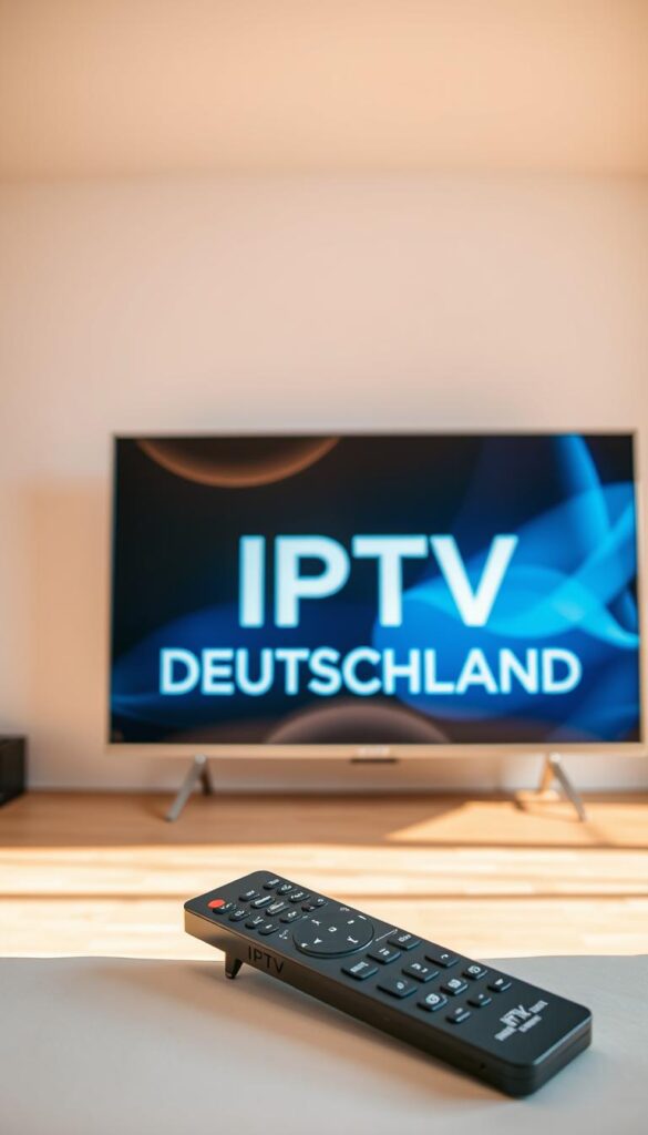 A large, sleek television display, dominated by the bold text "IPTV DEUTSCHLAND" against a clean, modern backdrop. The screen displays a vibrant, high-definition image showcasing the cutting-edge technology of digital television. In the foreground, a minimalist, elegant remote control with the brand name "IPTVANBIETERTV" sits prominently, hinting at the seamless user experience. The scene is bathed in warm, natural lighting, creating a sense of comfort and clarity. The overall composition conveys a message of innovation, power, and the future of television entertainment.
