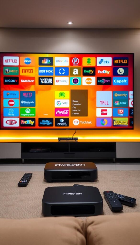 A large, vibrant television screen dominates the foreground, displaying a diverse array of channel logos and program thumbnails. The screen is backlit with a warm, inviting glow, creating a sense of depth and immersion. In the middle ground, a sleek, modern media hub with the IPTVANBIETERTV logo sits prominently, surrounded by various remote controls and streaming devices, hinting at the breadth of connectivity options. The background features a minimalist, contemporary living room setting, with clean lines and muted tones that complement the technological focus of the image. The overall composition conveys a sense of entertainment, connectivity, and a comprehensive IPTV service offering a wide range of content for every taste.