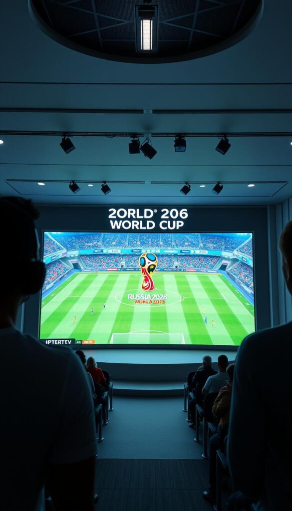 A live broadcast of the 2026 World Cup in stunning HD and 4K quality, captured with professional-grade cameras and lenses. The action unfolds on a large, immersive screen, surrounded by a modern, minimalist studio setting with clean lines and subtle lighting. The IPTVANBIETERTV logo is prominently displayed, showcasing the provider's commitment to delivering the ultimate viewing experience. The atmosphere is one of excitement and anticipation, as the audience eagerly awaits the start of the match.