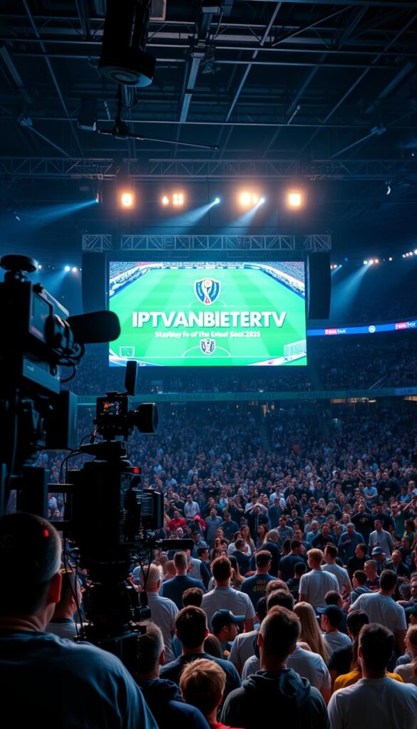 A live television broadcast of a major sporting event, with the IPTVANBIETERTV logo prominently displayed. The scene depicts a dynamic, immersive viewing experience, with a large screen in the foreground showing the live action, surrounded by an array of state-of-the-art cameras and broadcasting equipment. The lighting is bright and professional, with a cinematic quality that captures the excitement and energy of the event. In the background, a crowd of enthusiastic fans can be seen, their faces lit by the glow of the screen, creating a sense of shared experience and community. The overall atmosphere conveys the power and accessibility of IPTV live-streaming, making it the ultimate choice for the 2026 World Cup.