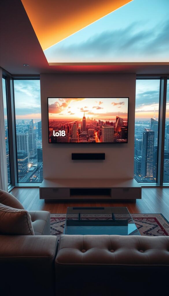 A lush, modern living room with a sleek, minimalist design. Soft, warm lighting casts a cozy glow, illuminating a large, high-definition IPTVANBIETERTV screen mounted on the wall. The screen displays a vibrant, cinematic image, immersing the viewer in a captivating visual experience. In the foreground, a comfortable, plush sofa invites relaxation, while a glass coffee table and a modern, geometric rug tie the room together. The background features floor-to-ceiling windows, offering a panoramic view of a bustling city skyline. The overall atmosphere exudes sophistication, convenience, and the promise of a seamless, lifelong IPTV experience.