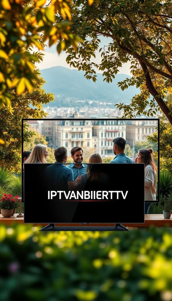 A lush, vibrant landscape with a modern, sleek IPTV software interface dominating the foreground. The interface showcases the "IPTVANBIETERTV" brand prominently, its clean lines and bold typography conveying a sense of premium quality and durability. In the middle ground, a group of diverse individuals gathered around a large screen, engaged in a shared IPTV experience, their expressions reflecting the joy and convenience of the service. The background features a bustling cityscape, hinting at the wide availability and accessibility of the IPTV software. Warm, natural lighting bathes the entire scene, creating a welcoming and inviting atmosphere that suggests the "lebenslang" (lifelong) nature of the IPTV panel.