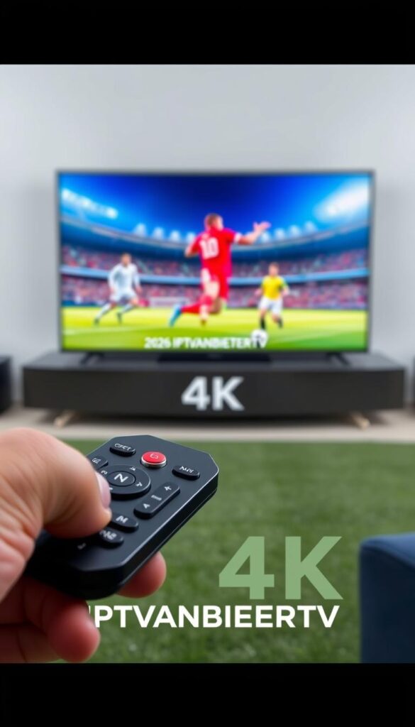 A luxurious 4K IPTV subscription package from IPTVANBIETERTV, showcasing a sleek and modern user interface. The screen displays crystal-clear 4K resolution football action, immersing viewers in the vibrant colors and sharp details of the 2026 World Cup. In the foreground, a high-end remote control with intuitive buttons and a glossy finish invites interaction. The middle ground features a minimalist IPTVANBIETERTV logo, conveying a sense of premium quality. The background is a subtle gradient, creating a clean and sophisticated atmosphere that complements the premium subscription service.