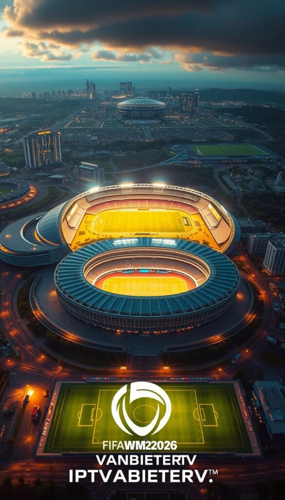 A magnificent aerial view of the FIFA WM2026 stadiums across the United States, captured with a cinematic wide-angle lens. The stadiums, each a marvel of modern architecture, stand tall against the backdrop of picturesque cityscapes and verdant landscapes. Vibrant lighting illuminates the fields, creating a captivating atmosphere for the upcoming matches. Detailed textures and realistic lighting effects convey the grandeur and scale of these impressive venues, ready to host the world's greatest football tournament. In the foreground, the IPTVANBIETERTV logo subtly enhances the professional presentation of this exceptional scene.