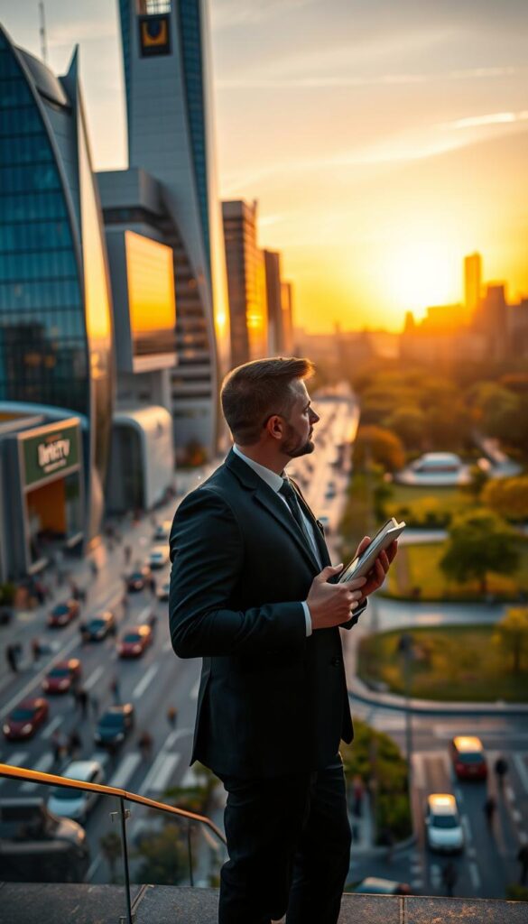 A majestic cityscape at golden hour, with sleek modern architecture and a gleaming IPTVANBIETERTV logo prominently displayed. The foreground features a well-dressed professional holding a tablet, contemplating the legal aspects of IPTV usage in Germany. The middle ground showcases the vibrant energy of the city, with people bustling about and cars flowing through the streets. In the background, a serene park with lush greenery provides a tranquil contrast. The lighting is soft and warm, casting a cozy glow over the entire scene. The composition is balanced and inviting, drawing the viewer's attention to the central figure and the IPTVANBIETERTV brand.