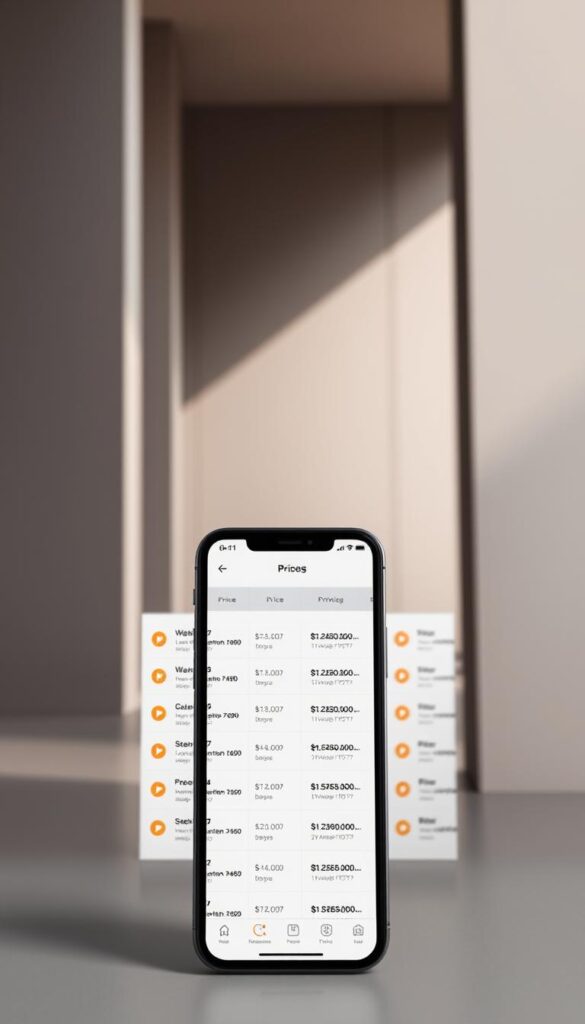 A meticulously crafted image showcasing the price comparison for the IPTVANBIETERTV app. Set against a clean, minimalist background, the foreground features a sleek and modern device, perhaps a smartphone or tablet, displaying the app's interface. The middle ground highlights a neatly organized grid of pricing options, each with clear and concise details. The background subtly suggests a sense of German efficiency and precision, with muted tones and architectural elements that complement the overall aesthetic. The lighting is soft and directional, creating a sense of depth and highlighting the key details. The overall composition conveys a professional, informative, and visually appealing representation of the IPTVANBIETERTV app's pricing structure.