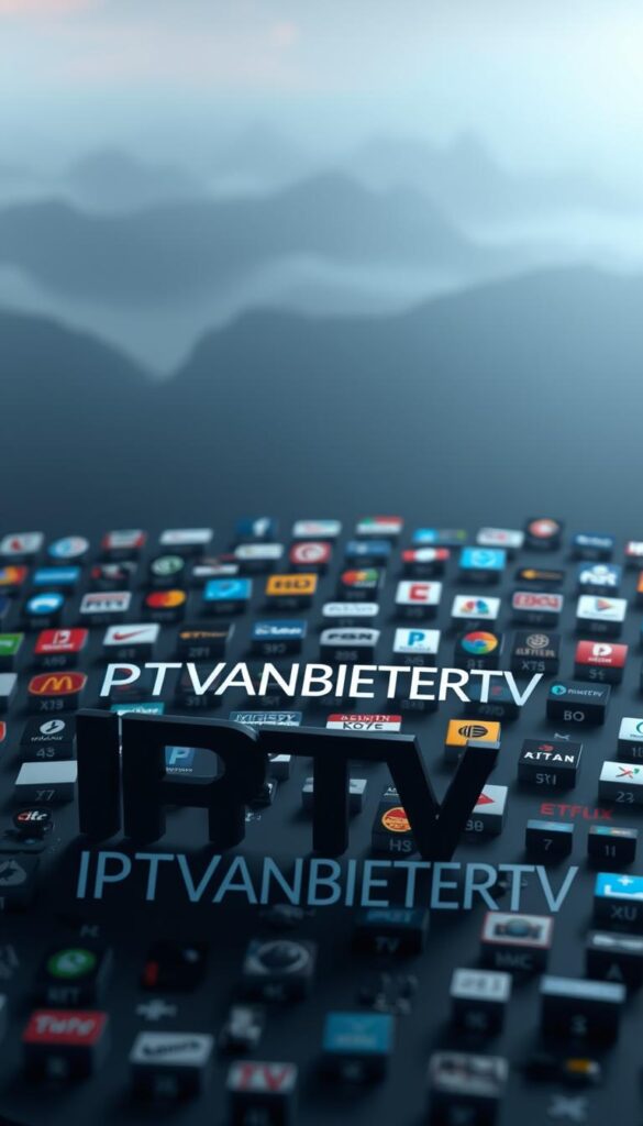A meticulously rendered landscape showcasing the current IPTV provider landscape in Germany. The foreground features the prominent IPTVANBIETERTV brand logo, rendered in sleek, modern typography. The middle ground depicts a diverse array of IPTV service icons, each with distinct visual styles and color schemes, representing the wide range of providers available. The background layers subtle gradients and geometric patterns, evoking the technological underpinnings of the IPTV ecosystem. The lighting is soft and diffuse, creating a sense of depth and atmosphere. The overall composition strikes a balance between the dynamic branding and the breadth of the IPTV market, reflecting the subject matter of the article section.