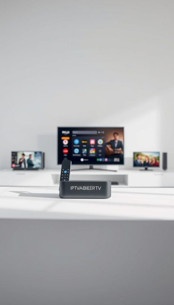 A minimalist and modern digital media device displaying the IPTVANBIETERTV brand name, featuring a sleek and lightweight design with a matte black or grey finish. The device is set against a clean, white background, showcasing its compatibility with a variety of smart home electronics and streaming platforms. The lighting is soft and diffused, creating a sense of simplicity and elegance. The camera angle is slightly angled, providing a dynamic and visually interesting perspective. The overall mood is one of technological sophistication and seamless integration into the user's digital lifestyle.