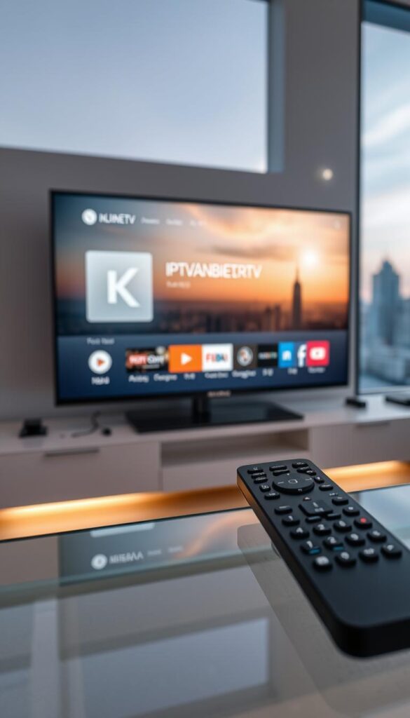 A minimalist, high-tech home setup with a sleek 4K smart TV displaying the IPTVANBIETERTV interface. The TV is positioned on a modern entertainment unit, surrounded by subtle ambient lighting and clean lines. In the foreground, a remote control rests on a glass table, its buttons and design emphasizing the user-friendly experience. The background features a large window overlooking a cityscape, bathing the scene in natural light and creating a sense of openness and connectivity. The overall atmosphere is one of seamless technology integration and effortless 4K IPTV enjoyment.