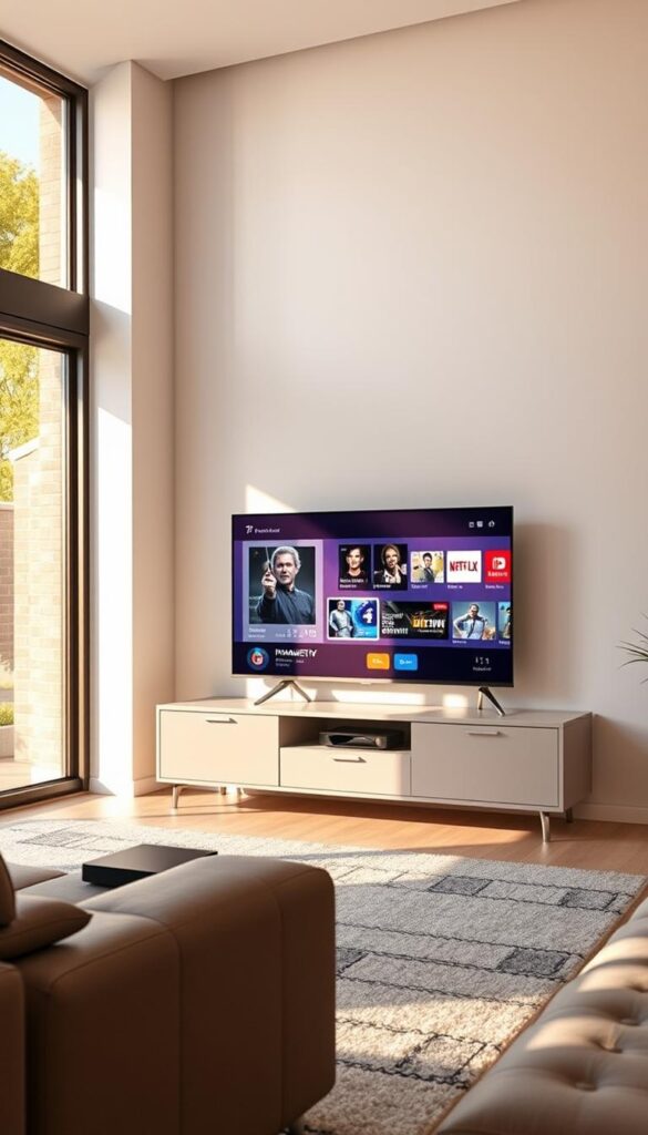 A minimalist living room, bathed in warm natural light filtering through large windows. The sleek, modern television set takes center stage, its screen displaying the vibrant, high-definition visuals of IPTVANBIETERTV's comprehensive entertainment offering. Surrounding the TV, a stylish entertainment unit showcases various streaming devices, seamlessly integrating the IPTV experience into the sophisticated, clutter-free interior. The room's neutral color palette and clean lines create a sense of tranquility, inviting the viewer to immerse themselves in the vast array of content available through IPTVANBIETERTV's diverse channel selection and on-demand library.