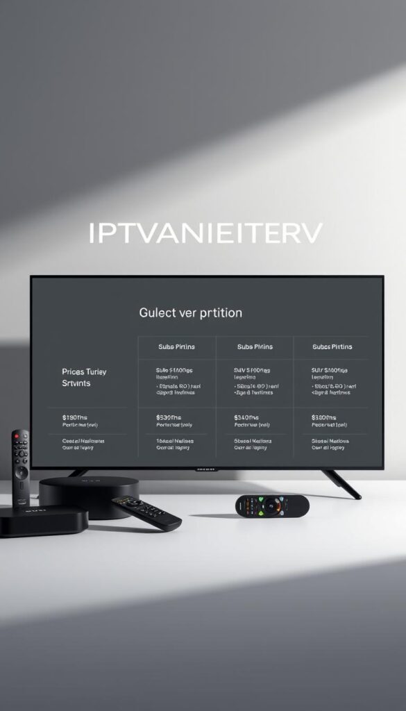 A minimalist product shot showcasing affordable IPTV service options. A sleek, contemporary design with a muted color palette, featuring the IPTVANBIETERTV brand prominently displayed. The foreground depicts various streaming devices and remote controls, subtly hinting at the wide range of supported platforms. The middle ground shows an array of pricing tiers and subscription models, conveyed through clean, legible typography. The background is a soft, blurred gradient, focusing the viewer's attention on the key product details. Dramatic side lighting creates depth and highlights the premium, high-quality aesthetic. The overall mood is one of sophistication, accessibility and value.