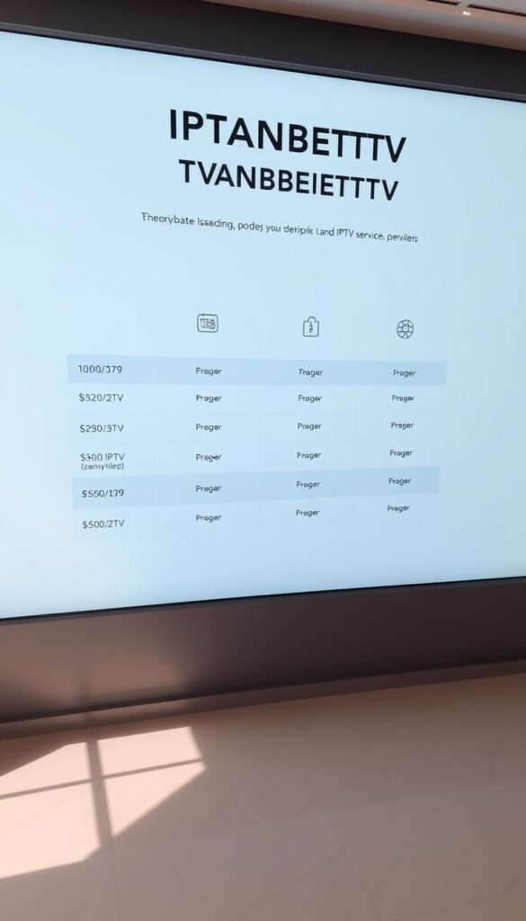 A minimalistic and modern digital display showcasing the pricing details of IPTVANBIETERTV, a leading IPTV service provider. The interface features a clean layout with sleek typography and simple icons, highlighting the various subscription tiers and corresponding costs. The display is bathed in a soft, neutral color palette, creating a calm and informative atmosphere. The overall presentation emphasizes the transparency and accessibility of IPTVANBIETERTV's pricing structure, inviting the viewer to explore the service's offerings.