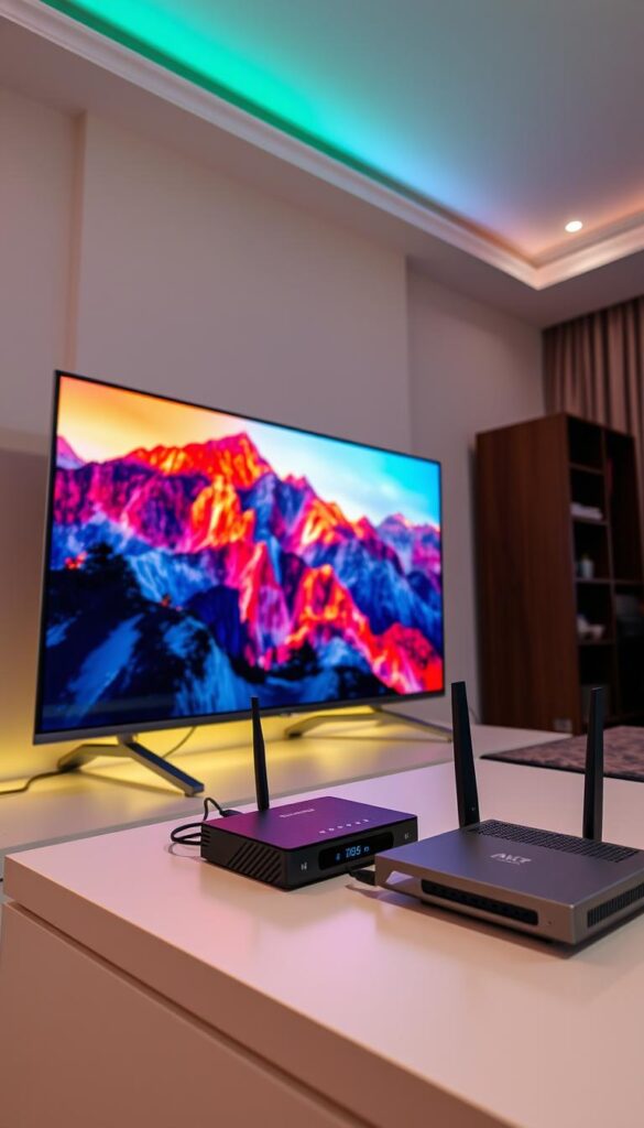 A modern 4K IPTVANBIETERTV home entertainment setup with a sleek flat-screen TV, a streaming media player, and a powerful router. The screen displays a vibrant, high-resolution image with rich colors and sharp details. The router and media player are positioned discreetly, with clean cable management. The room is well-lit with a combination of soft, ambient lighting and directional task lighting, creating a cozy and immersive viewing experience. The overall atmosphere conveys a sense of technological sophistication and media-centric comfort.