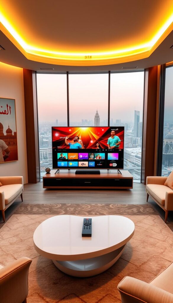 A modern Arabic TV studio with sleek, minimalist design. The room is bathed in warm, golden lighting, creating a cozy atmosphere. In the center, a large, high-definition TV screen displays vibrant, colorful Arabic programming. In the foreground, a modern, curved coffee table holds a remote control, hinting at the seamless user experience. On the walls, abstract Arabic calligraphy artwork adds a touch of cultural flair. In the background, floor-to-ceiling windows offer a panoramic view of a bustling Middle Eastern city skyline. The overall scene conveys the convenience and immersive experience of IPTVANBIETERTV's great bee Arabic IPTV service, without the need for a traditional subscription.