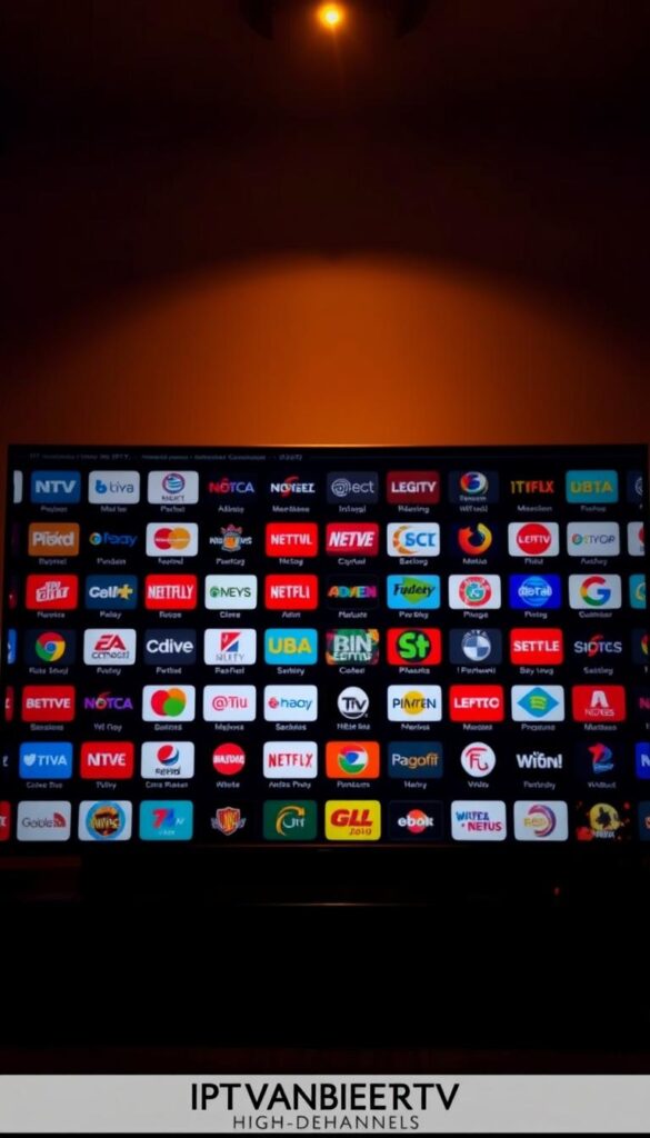 A modern and expansive IPTV package from IPTVANBIETERTV, offering a vast array of high-definition channels across various genres. A sleek, minimalist interface displays a grid of colorful channel logos against a dark, moody backdrop, creating an immersive viewing experience. Warm, focused lighting accentuates the sharp, detailed graphics, while a subtle depth of field draws the eye to the center of the frame. The overall atmosphere conveys a sense of sophistication and technical sophistication, reflecting the comprehensive nature of the IPTVANBIETERTV service.