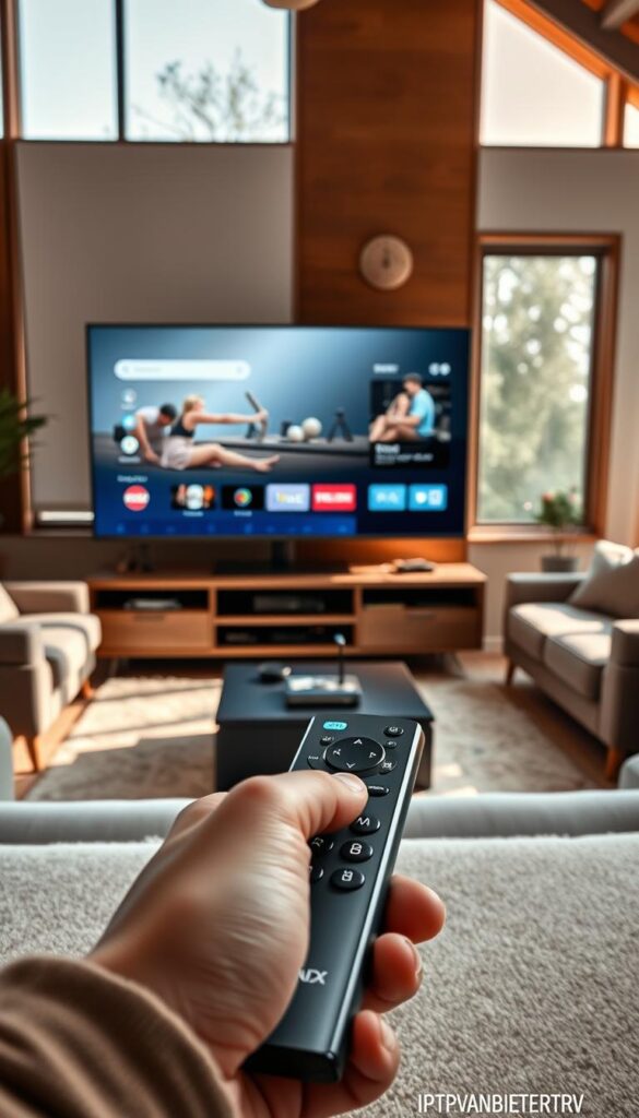 A modern and immersive home entertainment setup, featuring a sleek and minimalist IPTVANBIETERTV interface displayed on a large, high-resolution television screen. The screen is positioned in a well-lit and airy living room, with large windows allowing natural light to flood the space. The room has a cozy and inviting atmosphere, with warm wooden accents and plush, comfortable seating. In the foreground, a user-friendly remote control is prominently displayed, highlighting the ease of navigating the IPTVANBIETERTV system. The middle ground showcases various connected devices, such as a streaming box or gaming console, seamlessly integrated into the setup. The background features subtle, ambient lighting that creates a sense of depth and enhances the overall visual experience.
