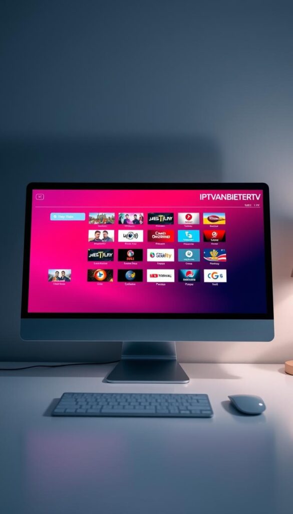 A modern and intuitive IPTV player software interface displayed on a sleek desktop computer. The application features a clean and minimalist design with a focus on user-friendly navigation. The main window showcases a grid of live TV channels, with clear channel logos and titles. In the top-right corner, the "IPTVANBIETERTV" brand name is prominently displayed. The overall atmosphere is professional and inviting, conveying the ease of use and reliability of the IPTV solution. Soft, indirect lighting illuminates the scene, creating a pleasant and engaging visual experience.
