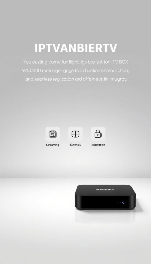 A modern and minimalist illustration of the benefits of IPTVANBIETERTV, showcased in a clean, well-lit studio setting. The foreground features a sleek, high-quality IPTV set-top box with a minimalist design, highlighting its user-friendly interface. The middle ground depicts several icons representing the key advantages of IPTVANBIETERTV, such as reliable streaming, extensive channel selection, and seamless integration. The background is a soft, gradient-based environment, creating a sense of depth and focus on the central subject. The overall mood is one of professionalism, quality, and the distinct advantages IPTVANBIETERTV offers its customers.