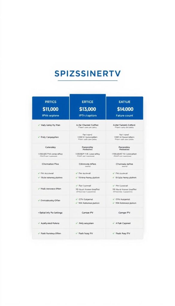 A modern and minimalist illustration showcasing a comparison of IPTV subscription plans. The image features a clean, white background with a central focus on an elegant display of various IPTV service options from the provider "IPTVANBIETERTV". The plans are presented in a grid-like layout, each with a clear pricing structure, channel count, and feature highlights. The overall design is sleek and sophisticated, utilizing a subtle color palette of blues and grays to convey a sense of professionalism and trustworthiness. Careful attention has been paid to the typography, ensuring the information is legible and well-organized. The lighting is soft and diffused, creating a pleasant, even illumination across the entire scene. The camera angle is slightly elevated, providing a slightly birds-eye view to enhance the sense of a comprehensive overview of the IPTV offerings.