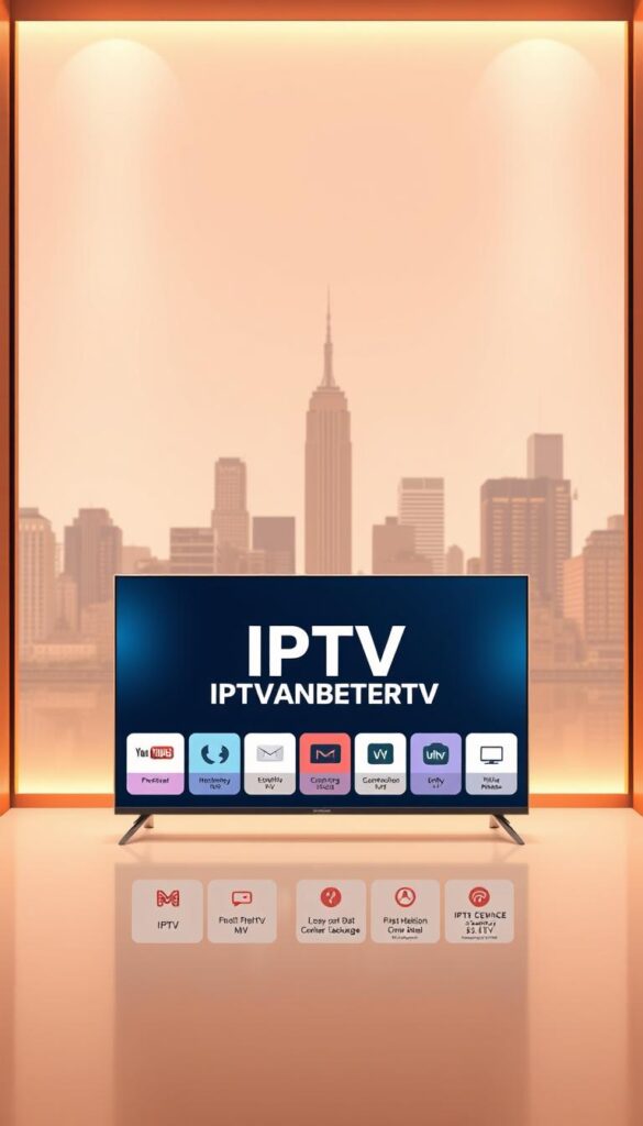 A modern and minimalist illustration showcasing the advantages of IPTV over traditional TV services. In the foreground, a sleek smart TV displays the IPTVANBIETERTV brand name, highlighting its cutting-edge technology. The middle ground features a lineup of various IPTV packages and subscription options, presented in a clean and informative manner. The background depicts a cityscape, symbolizing the widespread accessibility and convenience of IPTV in urban environments. The scene is illuminated by a warm, natural lighting that creates a welcoming and engaging atmosphere. The overall composition emphasizes the versatility, flexibility, and superiority of IPTV compared to traditional television platforms.